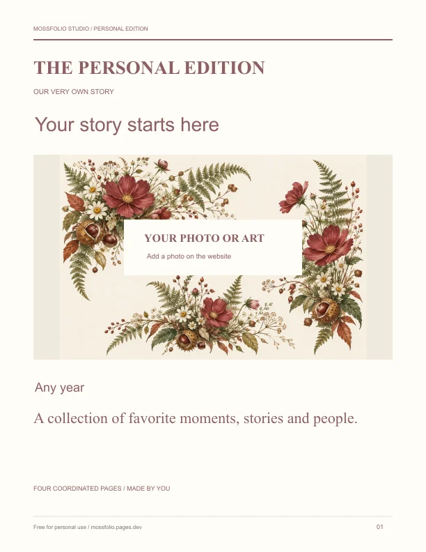 First page of Anniversary memory book; four-page free printable PDF