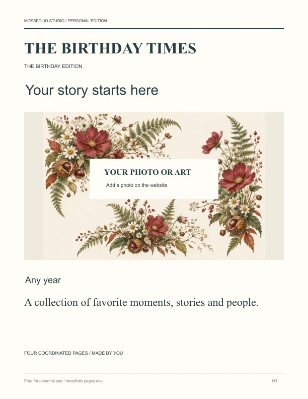 First page of Birthday newspaper; four-page free printable PDF