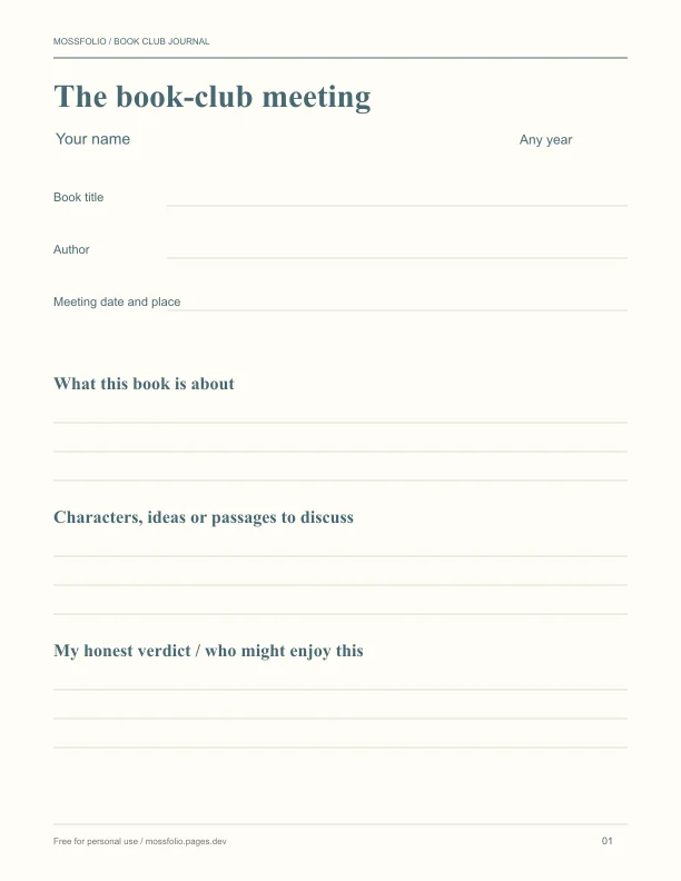 First page of Book club journal; four-page free printable PDF