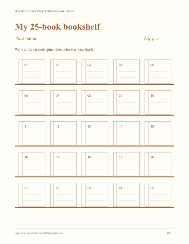 First page of Bookshelf reading challenge; four-page free printable PDF