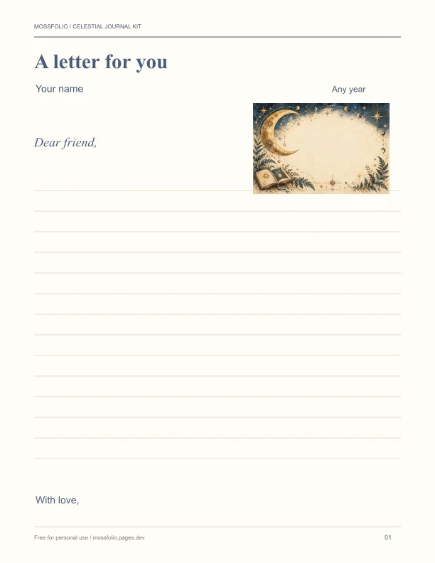 First page of Celestial journal kit; four-page free printable PDF