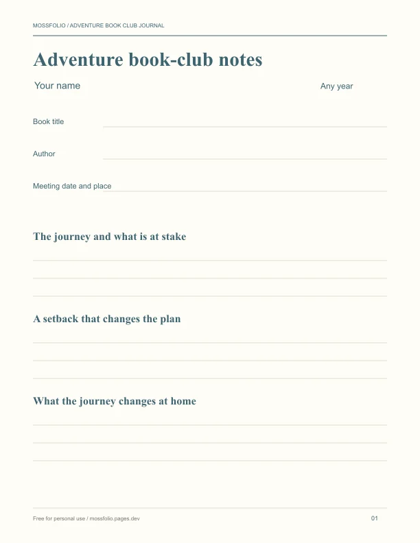 First page of Adventure Book Club Journal; four-page free printable PDF
