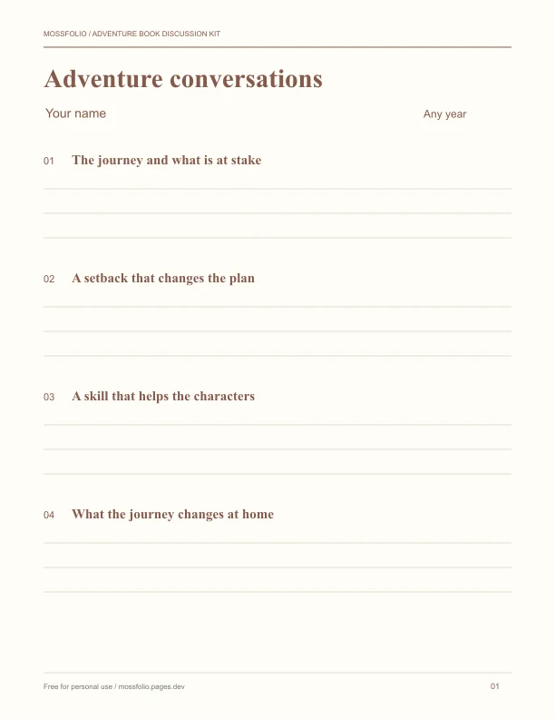 First page of Adventure Book Discussion Kit; four-page free printable PDF