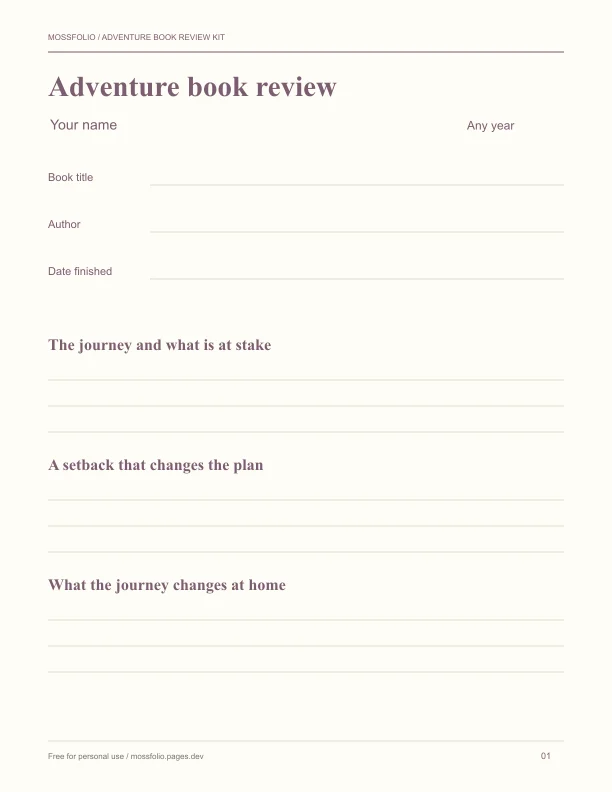 First page of Adventure Book Review Kit; four-page free printable PDF