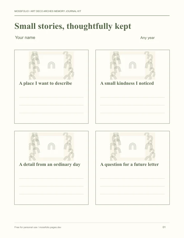 First page of Art Deco Arches Memory Journal Kit; four-page free printable PDF