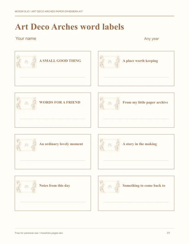 First page of Art Deco Arches Paper Ephemera Kit; four-page free printable PDF