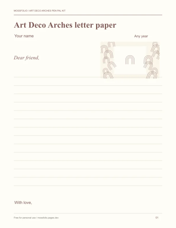 First page of Art Deco Arches Pen Pal Kit; four-page free printable PDF