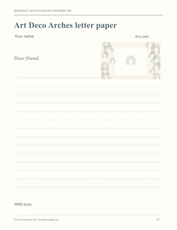 First page of Art Deco Arches Stationery Set; four-page free printable PDF