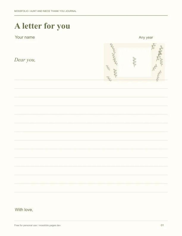 First page of Aunt and Niece Thank You Journal; four-page free printable PDF