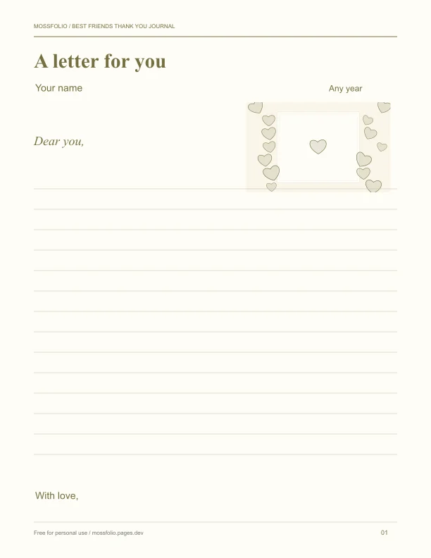 First page of Best Friends Thank You Journal; four-page free printable PDF