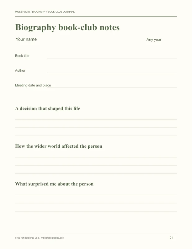 First page of Biography Book Club Journal; four-page free printable PDF