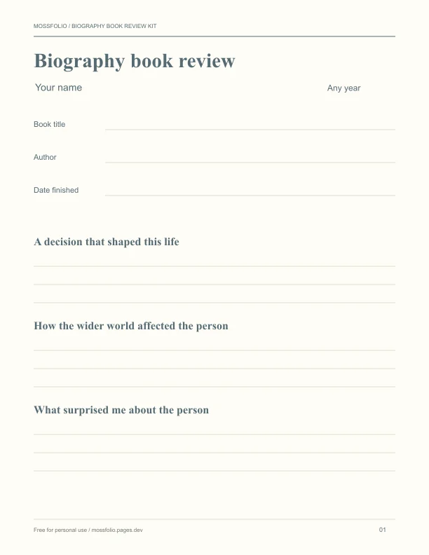 First page of Biography Book Review Kit; four-page free printable PDF