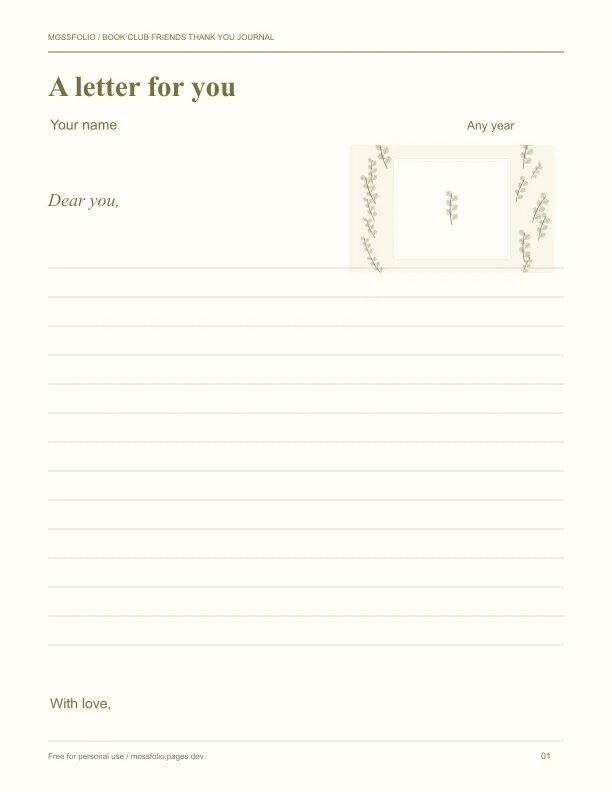 First page of Book Club Friends Thank You Journal; four-page free printable PDF