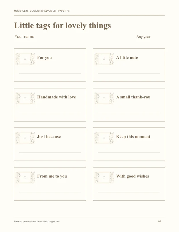 First page of Bookish Shelves Gift Paper Kit; four-page free printable PDF