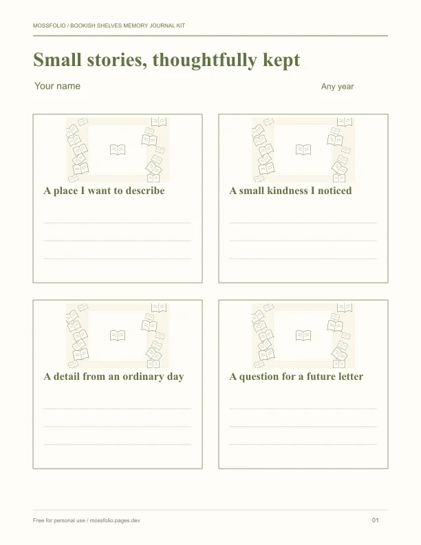 First page of Bookish Shelves Memory Journal Kit; four-page free printable PDF