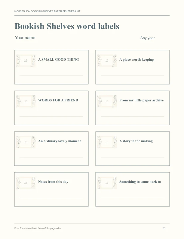 First page of Bookish Shelves Paper Ephemera Kit; four-page free printable PDF