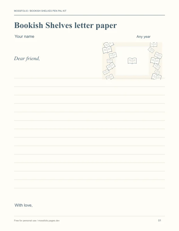 First page of Bookish Shelves Pen Pal Kit; four-page free printable PDF