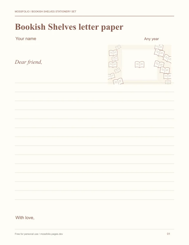 First page of Bookish Shelves Stationery Set; four-page free printable PDF