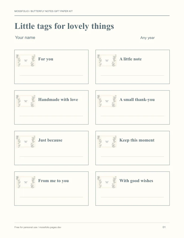 First page of Butterfly Notes Gift Paper Kit; four-page free printable PDF