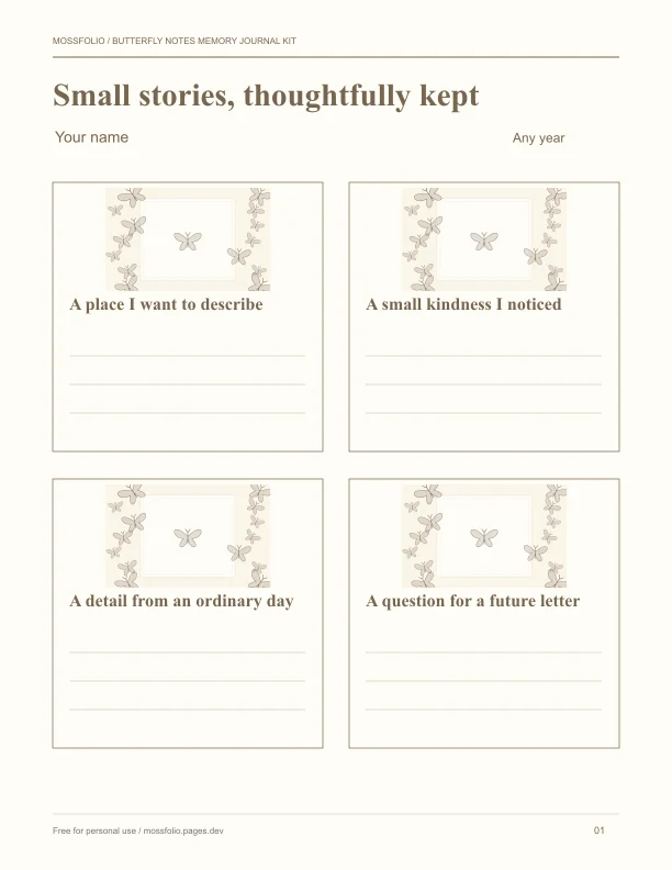First page of Butterfly Notes Memory Journal Kit; four-page free printable PDF