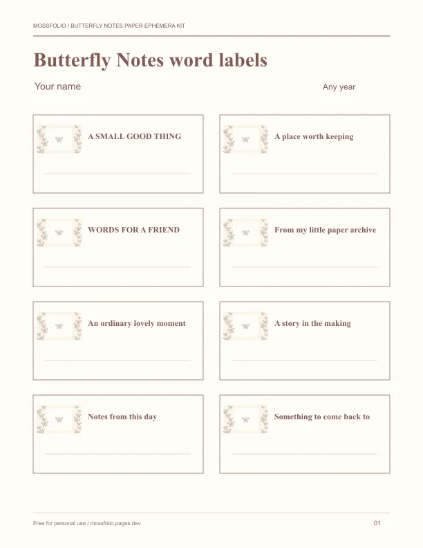 First page of Butterfly Notes Paper Ephemera Kit; four-page free printable PDF