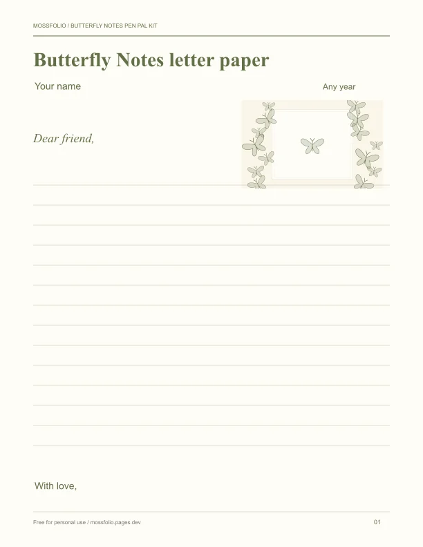 First page of Butterfly Notes Pen Pal Kit; four-page free printable PDF