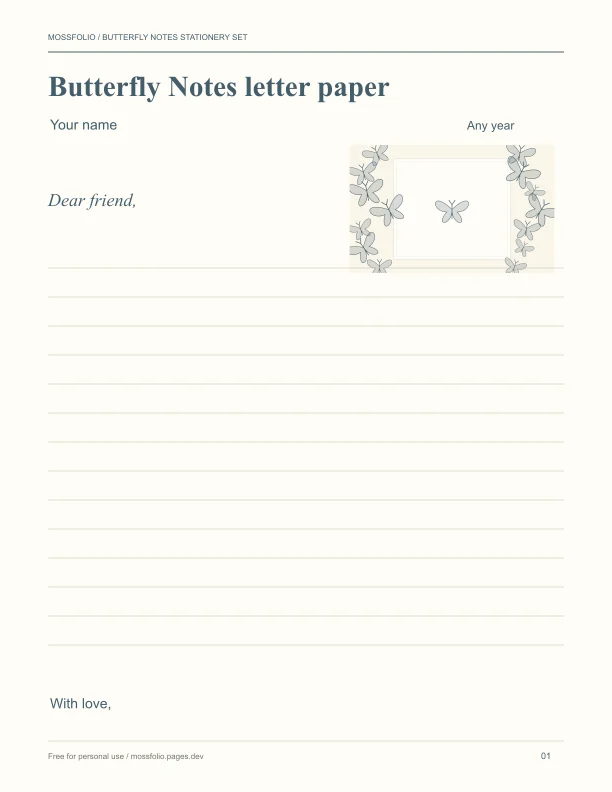 First page of Butterfly Notes Stationery Set; four-page free printable PDF