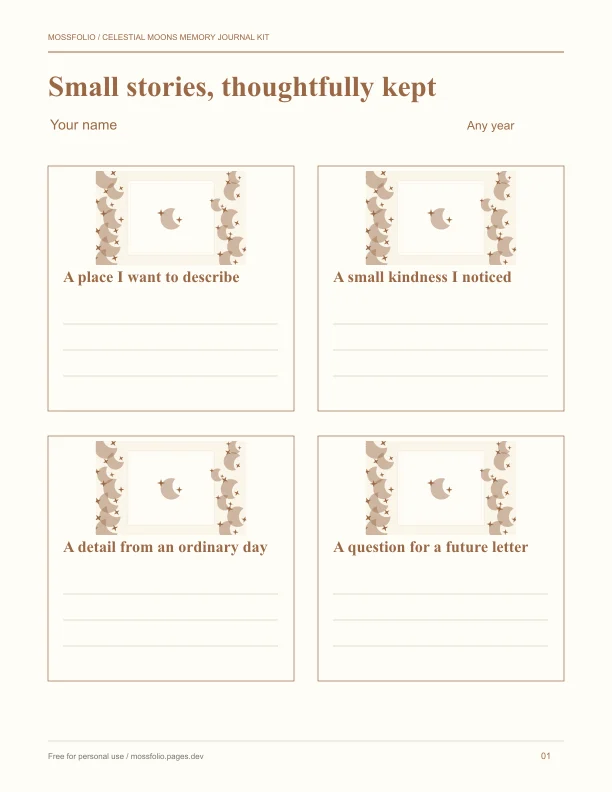 First page of Celestial Moons Memory Journal Kit; four-page free printable PDF