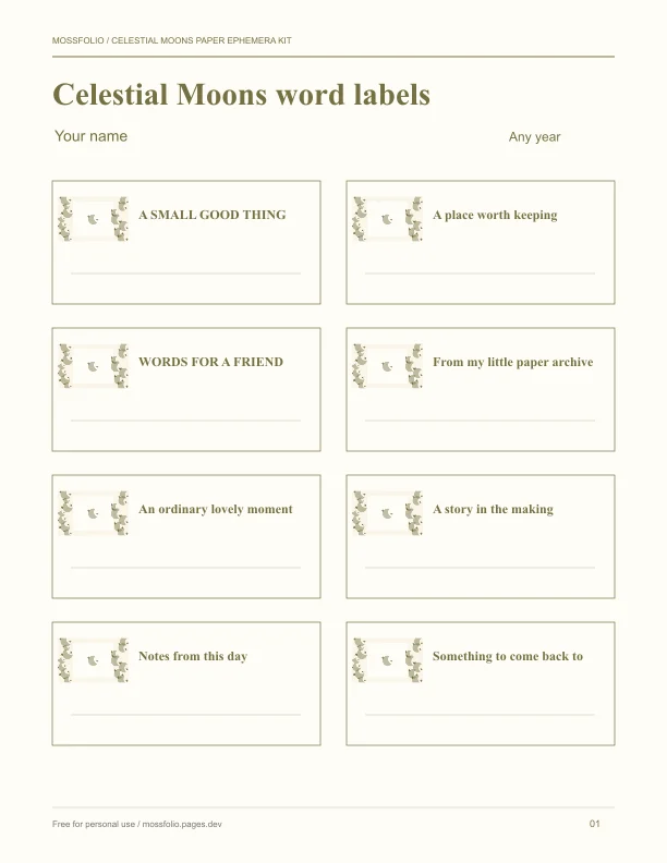 First page of Celestial Moons Paper Ephemera Kit; four-page free printable PDF