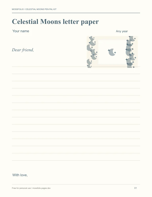 First page of Celestial Moons Pen Pal Kit; four-page free printable PDF