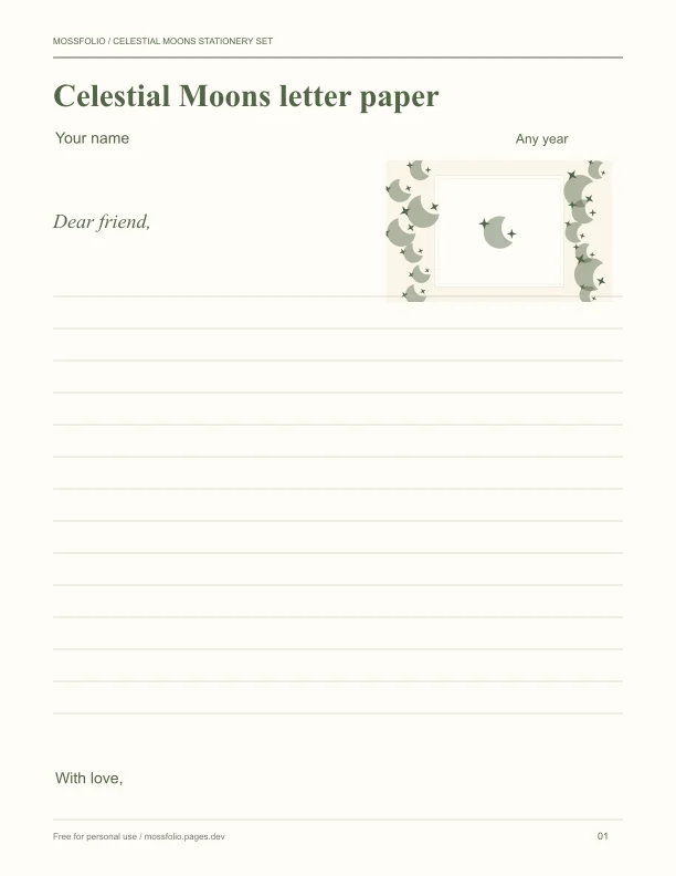 First page of Celestial Moons Stationery Set; four-page free printable PDF
