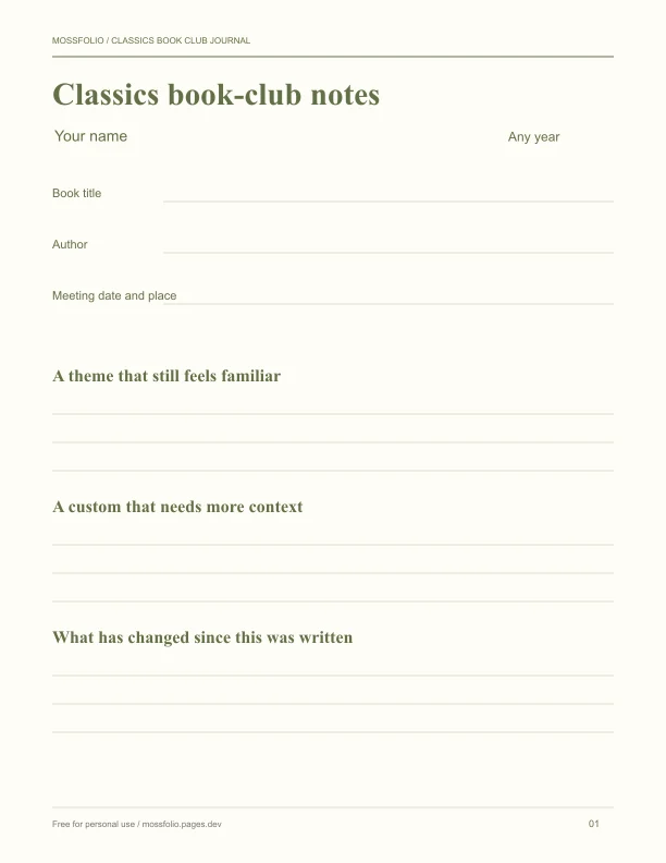 First page of Classics Book Club Journal; four-page free printable PDF