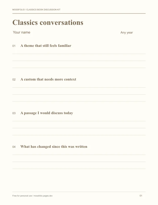 First page of Classics Book Discussion Kit; four-page free printable PDF
