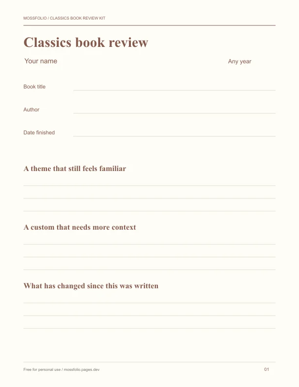 First page of Classics Book Review Kit; four-page free printable PDF