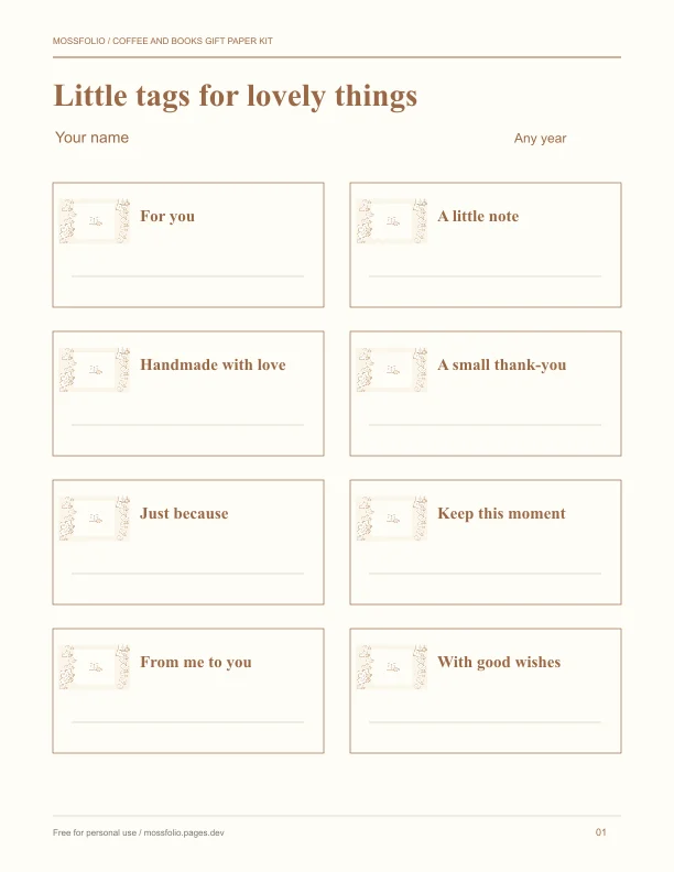 First page of Coffee and Books Gift Paper Kit; four-page free printable PDF