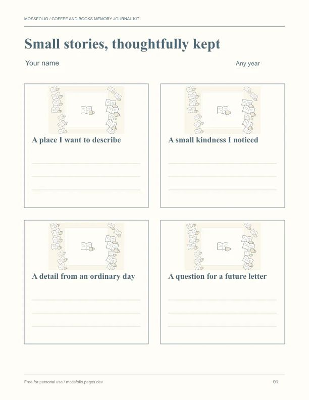 First page of Coffee and Books Memory Journal Kit; four-page free printable PDF