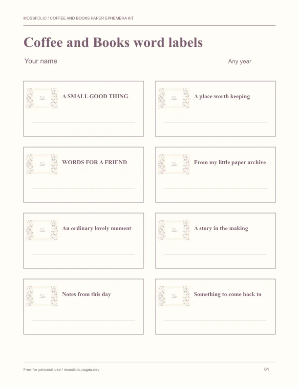 First page of Coffee and Books Paper Ephemera Kit; four-page free printable PDF