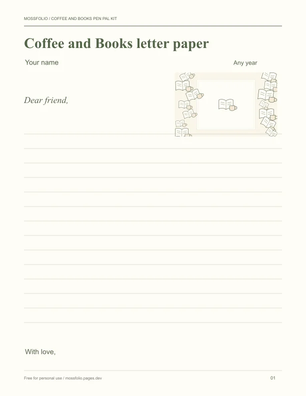 First page of Coffee and Books Pen Pal Kit; four-page free printable PDF
