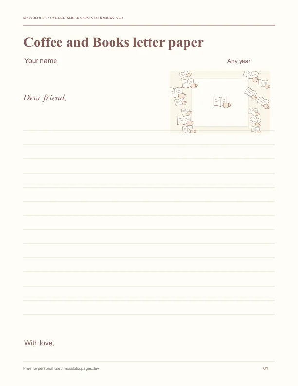 First page of Coffee and Books Stationery Set; four-page free printable PDF
