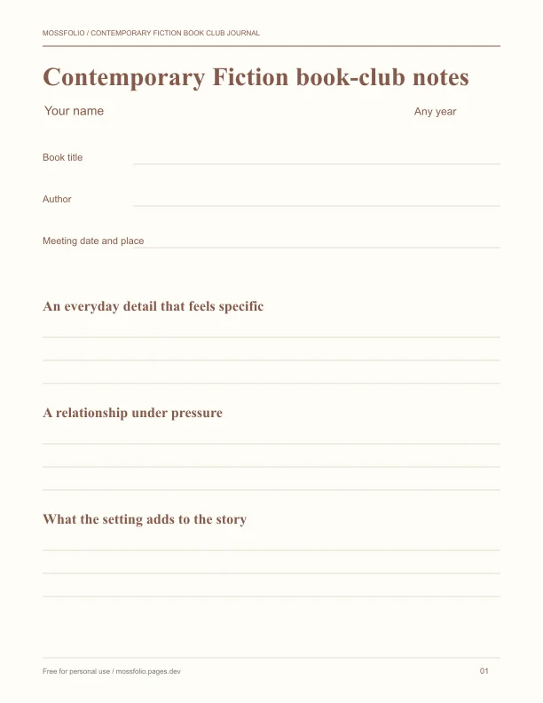 First page of Contemporary Fiction Book Club Journal; four-page free printable PDF