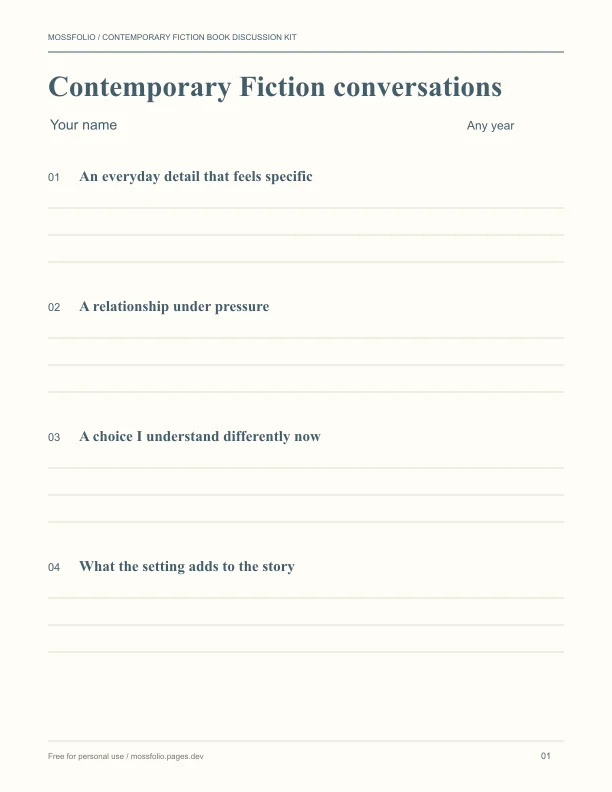 First page of Contemporary Fiction Book Discussion Kit; four-page free printable PDF