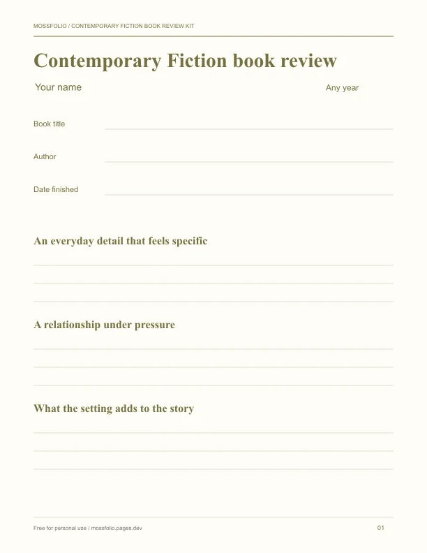 First page of Contemporary Fiction Book Review Kit; four-page free printable PDF