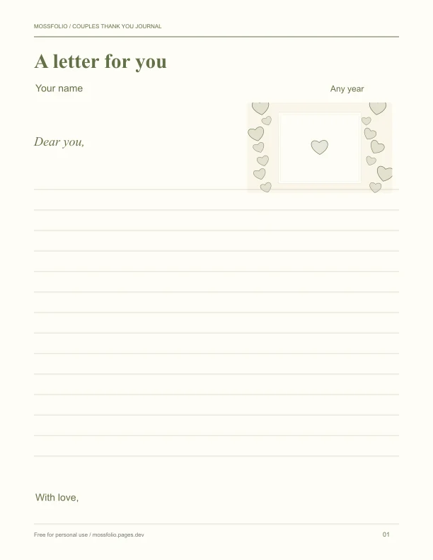 First page of Couples Thank You Journal; four-page free printable PDF