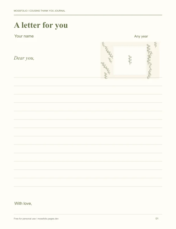 First page of Cousins Thank You Journal; four-page free printable PDF
