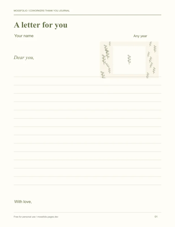 First page of Coworkers Thank You Journal; four-page free printable PDF