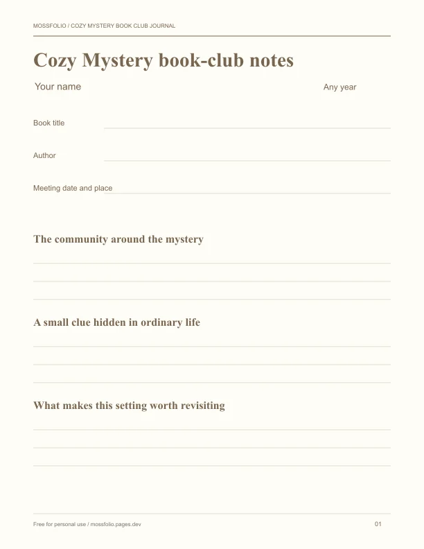 First page of Cozy Mystery Book Club Journal; four-page free printable PDF
