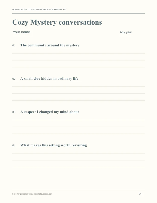 First page of Cozy Mystery Book Discussion Kit; four-page free printable PDF