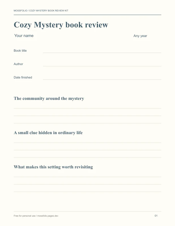 First page of Cozy Mystery Book Review Kit; four-page free printable PDF