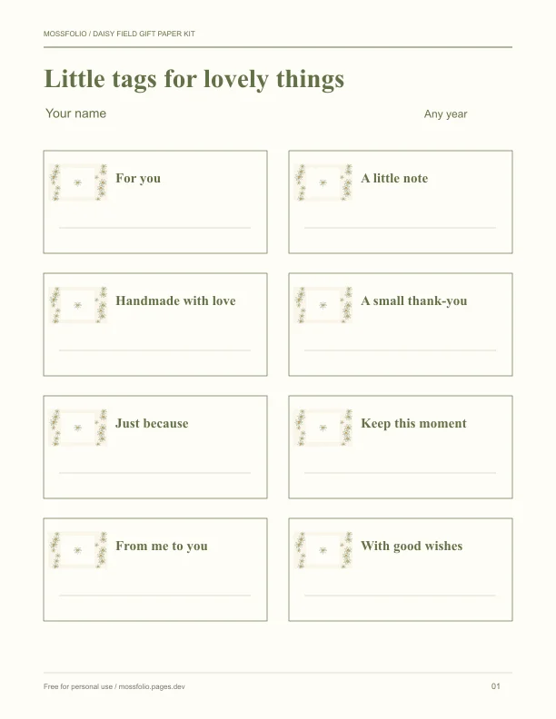 First page of Daisy Field Gift Paper Kit; four-page free printable PDF