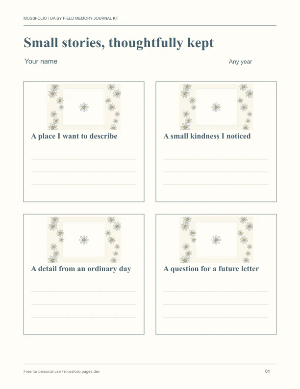 First page of Daisy Field Memory Journal Kit; four-page free printable PDF